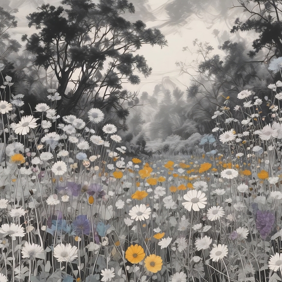 Floral Landscape Art Print with Yellow and White Accents - Picture 1 of 1